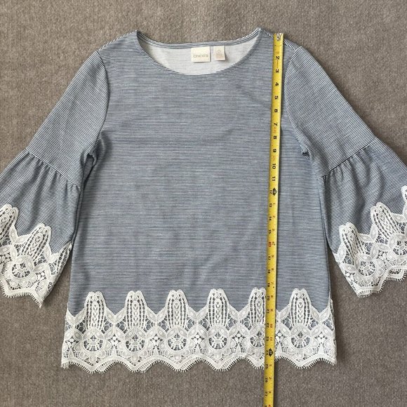 Chico's Shirt Womens 0 (Small) Blue White Striped Lace Bell Sleeves Hem Casual - Picture 7 of 8